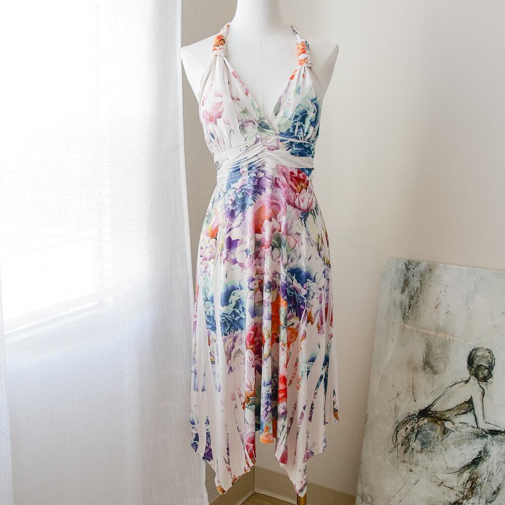 Floral V-Neck Halter Midi Dress - White Multi